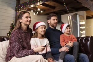Una familia frente al televisor en un salón decorado por Navidad